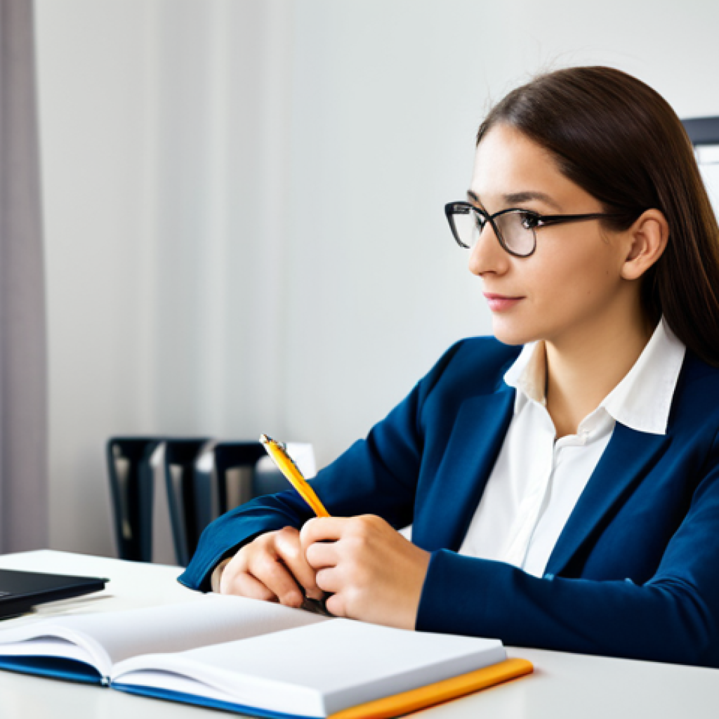 A professional individual in a modest business casual outfit, sitting comfortably at a contemporary desk in a bright, organized home office. They are looking thoughtfully at two open notebooks, one with French notes and the other with German, surrounded by a tablet showing language learning applications and a cup of coffee. The background is clean and slightly blurred, suggesting a quiet study environment. The overall mood is focused and intellectual.