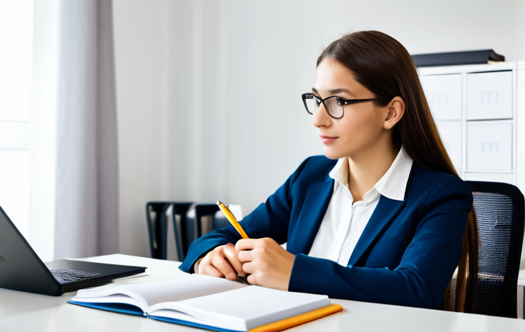 A professional individual in a modest business casual outfit, sitting comfortably at a contemporary desk in a bright, organized home office. They are looking thoughtfully at two open notebooks, one with French notes and the other with German, surrounded by a tablet showing language learning applications and a cup of coffee. The background is clean and slightly blurred, suggesting a quiet study environment. The overall mood is focused and intellectual.