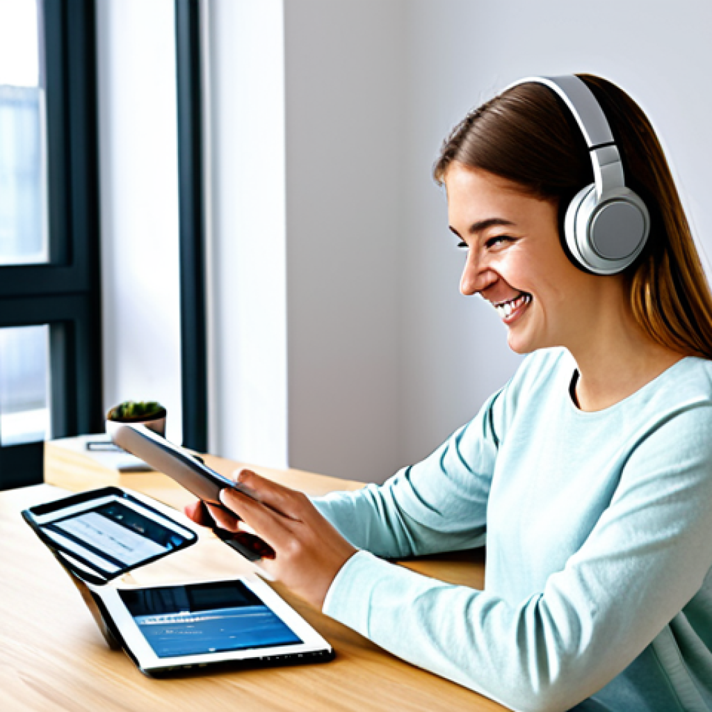 Digital Language Learning**
"A young woman with a friendly smile, sitting at a bright desk, studying German on a tablet with a language learning app, headphones on, surrounded by textbooks and a coffee mug. Modern, minimalist room with natural light. Safe for work, appropriate content, fully clothed in casual and modest attire, professional, perfect anatomy, correct proportions, well-formed hands, natural pose."
**