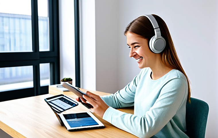 Digital Language Learning**
"A young woman with a friendly smile, sitting at a bright desk, studying German on a tablet with a language learning app, headphones on, surrounded by textbooks and a coffee mug. Modern, minimalist room with natural light. Safe for work, appropriate content, fully clothed in casual and modest attire, professional, perfect anatomy, correct proportions, well-formed hands, natural pose."
**