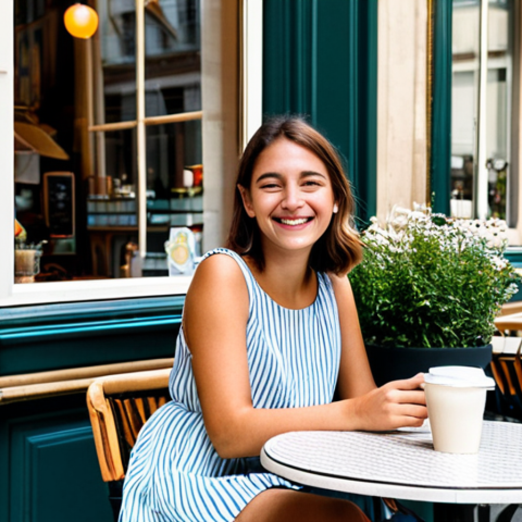 Bustling Parisian Café Scene**
"A young, fully clothed woman in a modest, stylish summer dress sits at a café table on a sunny Parisian street. She is holding a coffee cup and smiling slightly, looking relaxed and content. In the background, people are walking by, enjoying the day, and there are flowers in window boxes. The café has a classic Parisian awning. Professional photography, perfect anatomy, correct proportions, natural pose, safe for work, appropriate content, family-friendly."
**