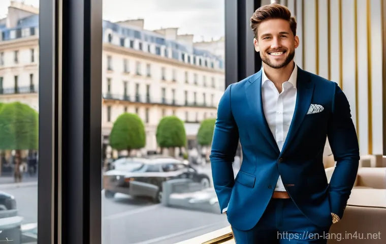 프랑스어 자격증 취득 후 취업 사례 - **"A sophisticated young professional, impeccably dressed in a tailored business suit, stands confid...