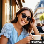 프랑스어와 독일어 배우기 위한 학습 플랫폼 - **Prompt:** "A young woman in her early twenties is sitting at a cafe table outdoors in Paris, Franc...