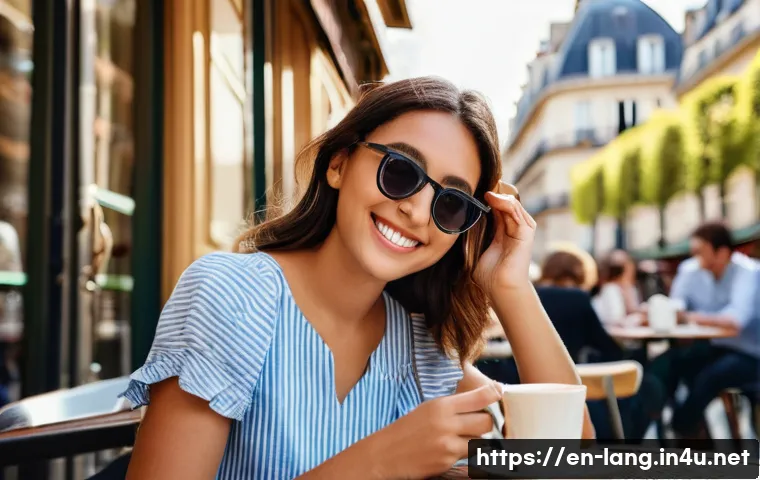 프랑스어와 독일어 배우기 위한 학습 플랫폼 - **Prompt:** "A young woman in her early twenties is sitting at a cafe table outdoors in Paris, Franc...