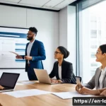 Home 22 외국어 자격증과 관련된 취업 공고 정보 - A modern professional office setting showing a diverse group of business people collaborating around...