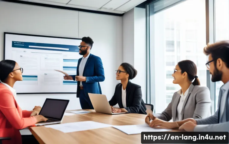 외국어 자격증과 관련된 취업 공고 정보 - A modern professional office setting showing a diverse group of business people collaborating around...