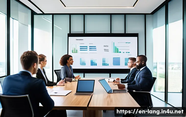 프랑스어 실무에 필요한 필수 단어 - A modern corporate meeting room scene featuring a diverse group of professionals engaged in a busine...