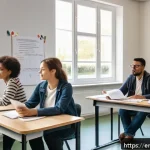 Home 20 DELF 시험 관련 최신 업데이트 - A modern classroom scene showing diverse adult students actively engaging in a DELF exam preparation...