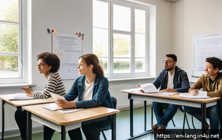 DELF 시험 관련 최신 업데이트 - A modern classroom scene showing diverse adult students actively engaging in a DELF exam preparation...