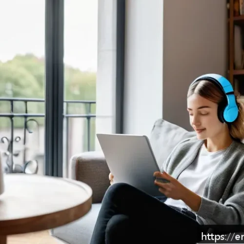 Home 31 프랑스어 듣기 능력 향상법 - A cozy modern living room scene featuring a young adult woman sitting comfortably on a plush sofa, w...