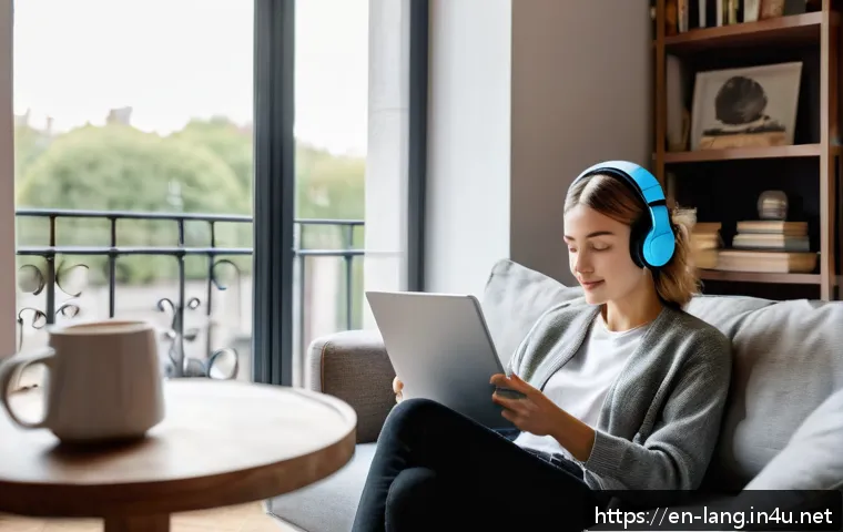 프랑스어 듣기 능력 향상법 - A cozy modern living room scene featuring a young adult woman sitting comfortably on a plush sofa, w...
