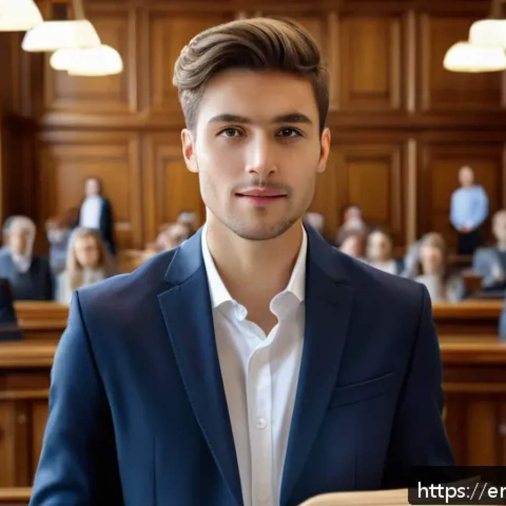 프랑스어 전문 용어 공부법 - A professional French legal setting showing a confident young businessperson in smart casual attire ...