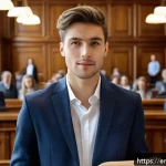 Home 18 프랑스어 전문 용어 공부법 - A professional French legal setting showing a confident young businessperson in smart casual attire ...