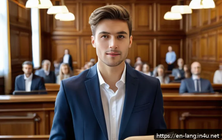 프랑스어 전문 용어 공부법 - A professional French legal setting showing a confident young businessperson in smart casual attire ...