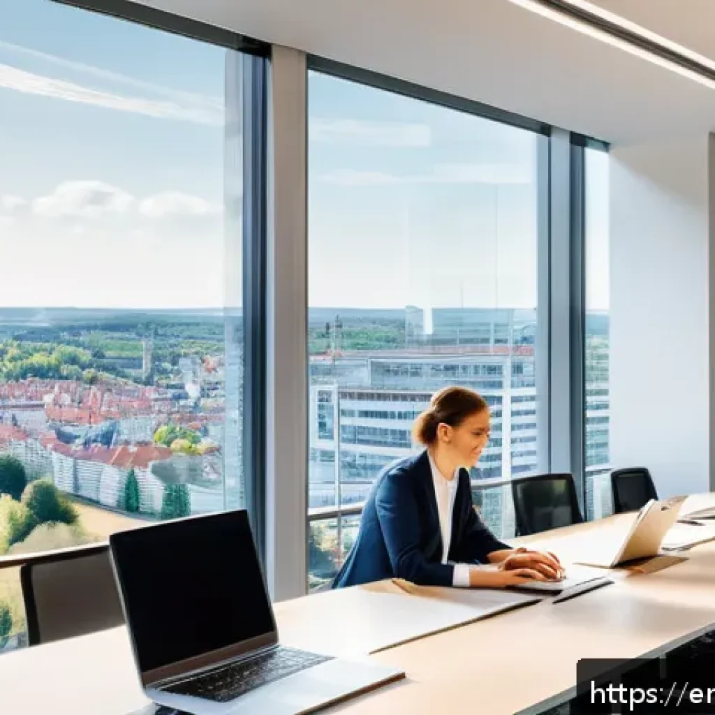 독일어 자격증으로 가능한 국제 커리어 - A modern professional office setting in a multinational corporation headquartered in Germany, featur...