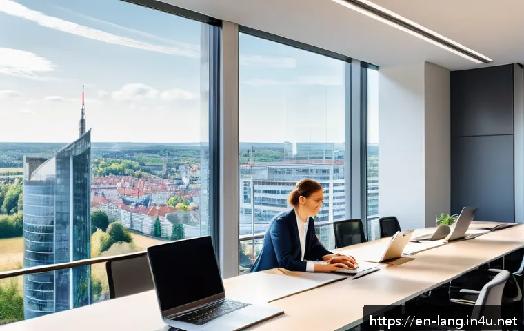 독일어 자격증으로 가능한 국제 커리어 - A modern professional office setting in a multinational corporation headquartered in Germany, featur...