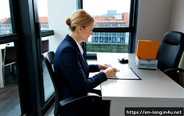 독일어 자격증으로 비자 신청하기 - Photorealistic visa application consultation in a modern German immigration office, a confident adul...